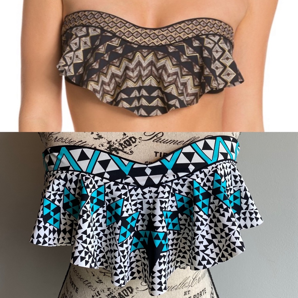 RED CARTER women’s Flounce geometric print Blue Bikini Bandeau Tops size Small